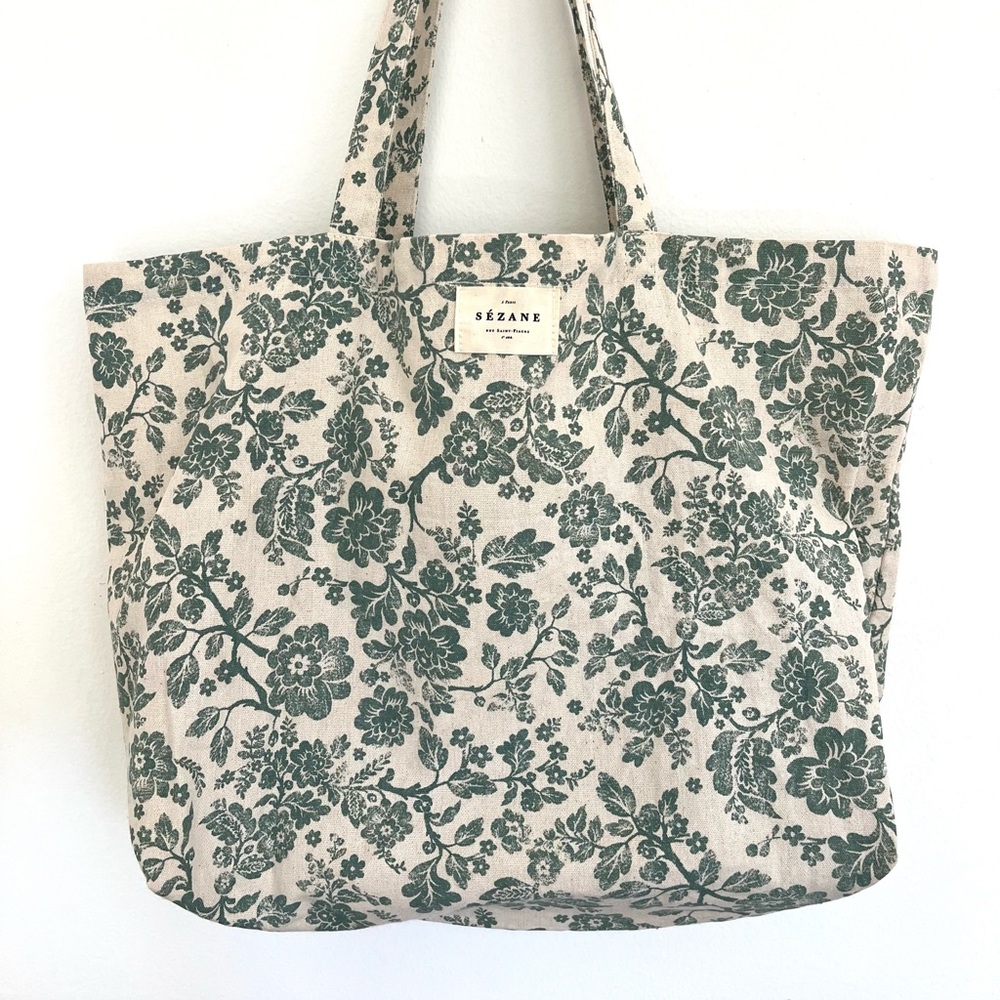 Sezane Cream and Green Floral Tote Bag - Picture 3 of 3